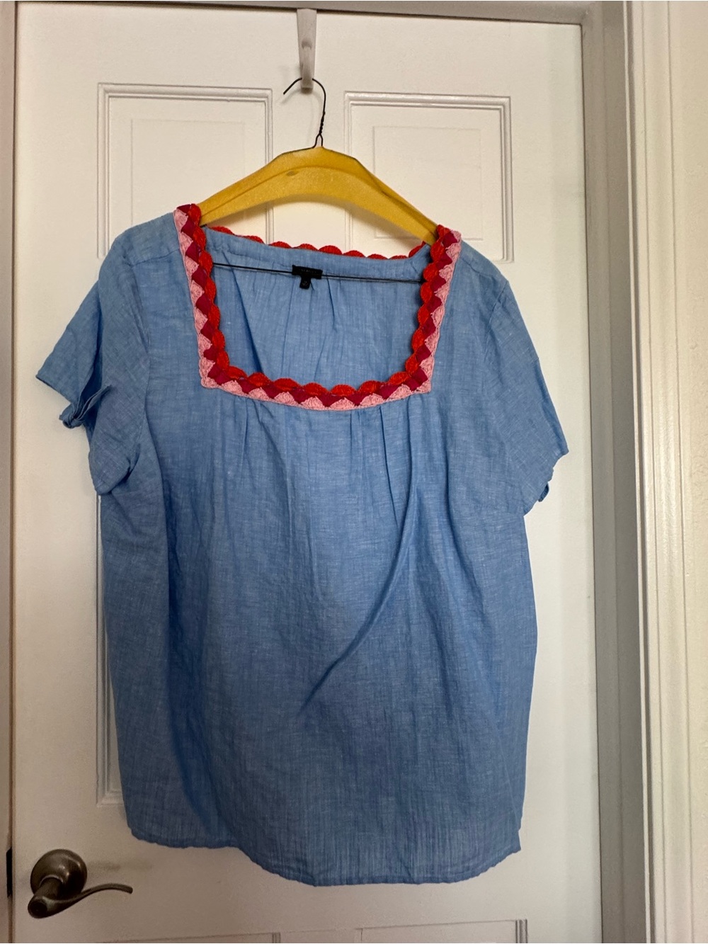 Talbots Light Blue Square-Neck Blouse with Red-Pink Trim